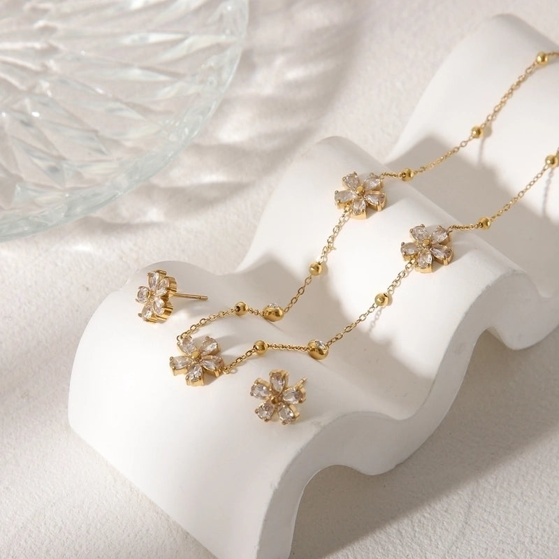 Minimalist Commute Flower 304 Stainless Steel Zircon 18K Gold Plated Jewelry Set