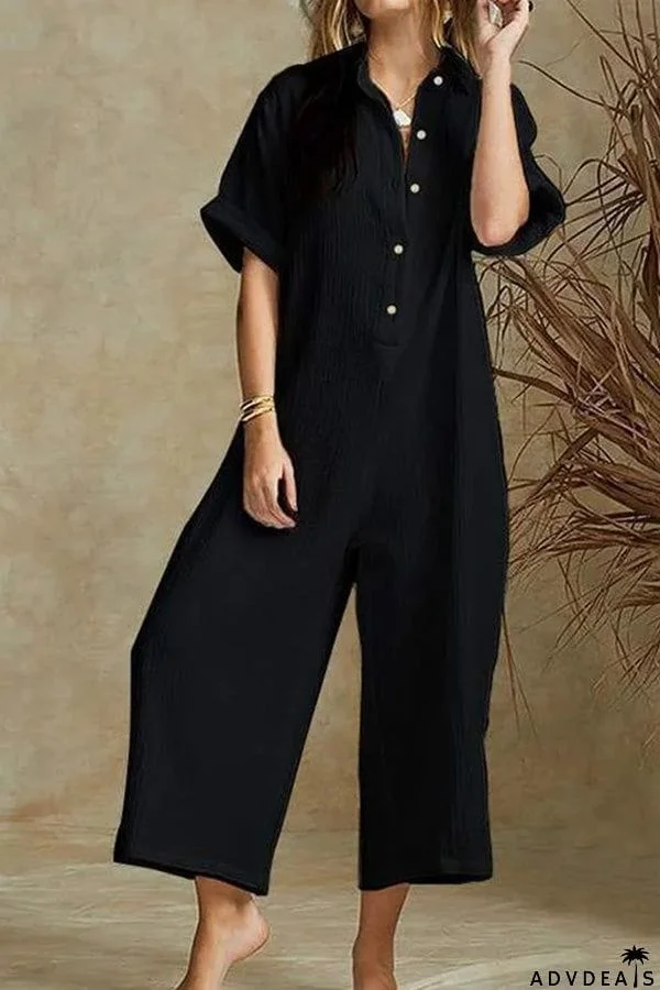 SHORT SLEEVE V NECK JUMPSUIT BUTTON DOWN TURNDOWN COLLAR WIDE LEG JUMPSUIT