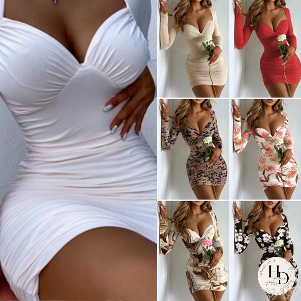 New Fashion Women Print V-neck Long Sleeved Package Hip Mini Dress Party Club Bodycon Dress