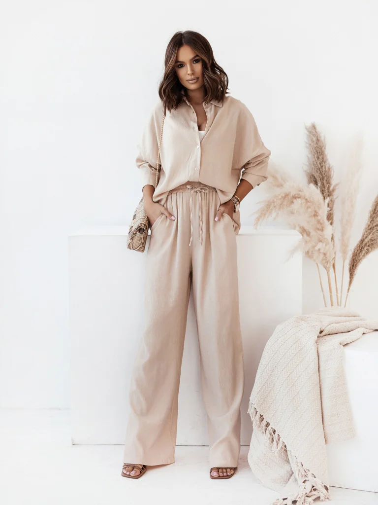 Churchf Churchf / Winter 2023 INS New Loose Elastic Wrinkle Long Sleeve Shirt Wide Leg Pants Casual Suit Female