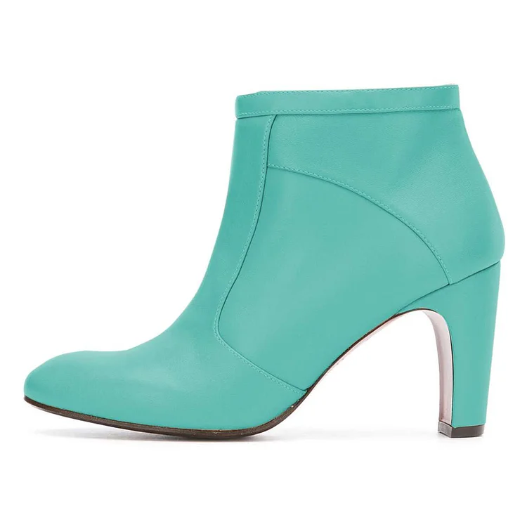 Turquoise Side Zipper Block Heel Ankle Boots for Women |FSJ Shoes