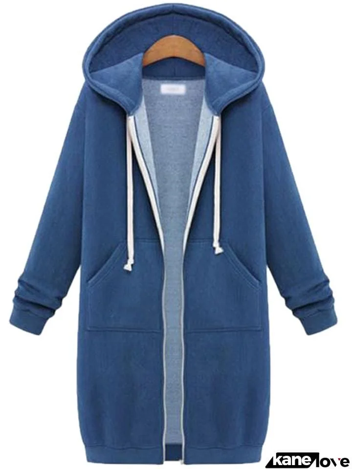 Comfortable Full Zipper Pocket Drawstring Hooded Midi Coat