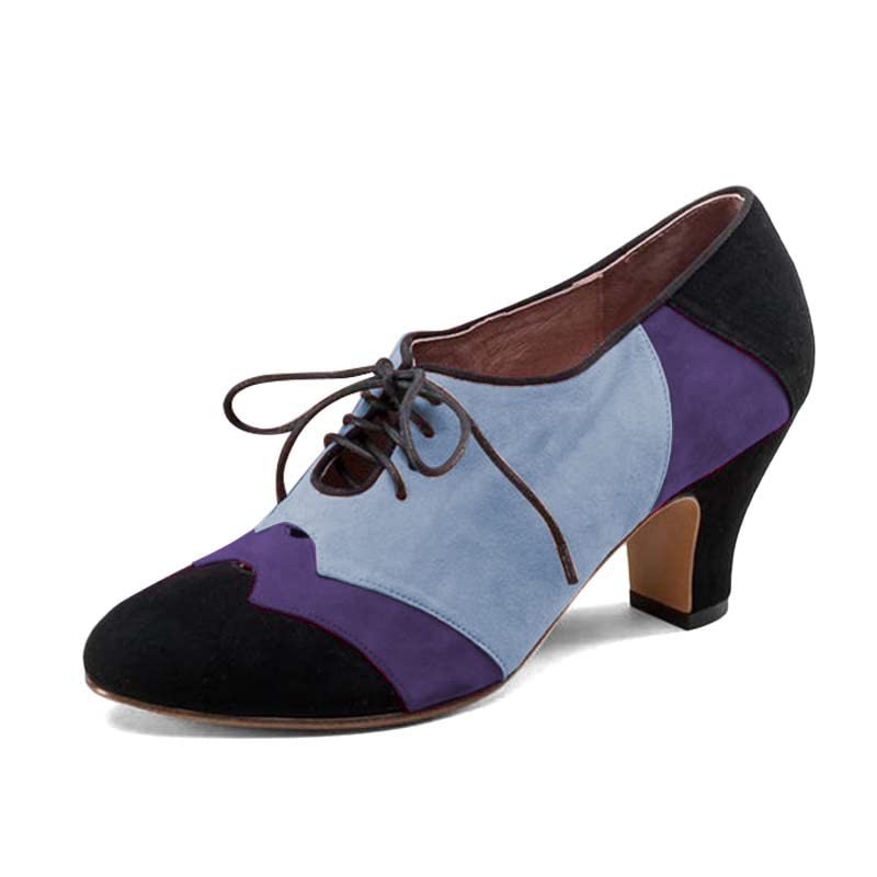Three Tone Faux Suede Lace-Up Oxford Shoes with Block Heels