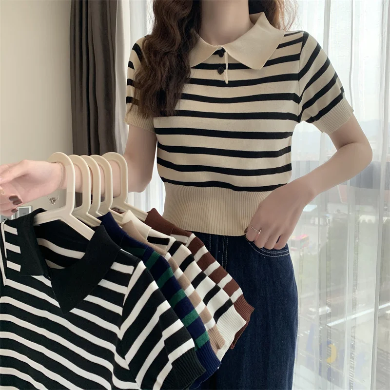 Uveng Uveng T-Shirt Design Sense Of Summer Korean Chic Hong Kong Chic Straight Shoulder-Repair Striped Knitting Top In Tide
