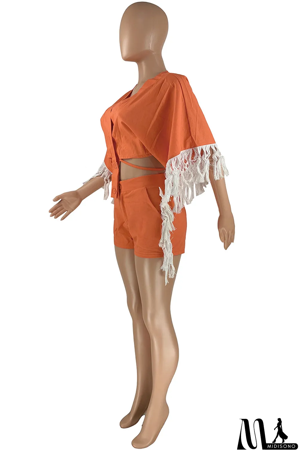 MidiSono - Orange Fashion Casual Solid Tassel Split Joint Frenulum V Neck Half Sleeve Two Pieces