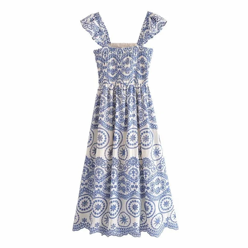 Za 2021 Embroidered Openwork Straps Long Dress Women Sleeveless Ruffle Vintage Blue Summer Dress Woman Pleated Party Dresses