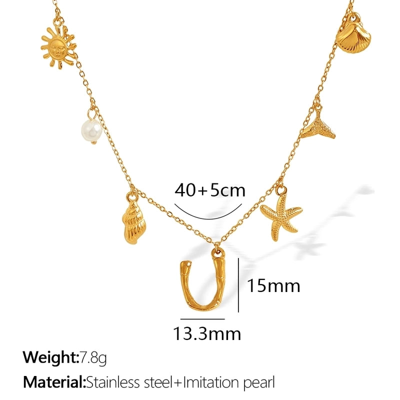 Beach Starfish 304 Stainless Steel Artificial Pearls 18K Gold Plated Polishing Inlay Pendant Necklace