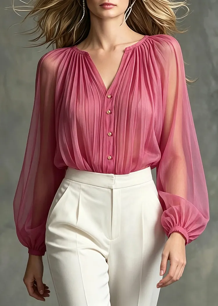 Plus Size Rose Oversized Wrinkled Chiffon Shirt Tops Summer