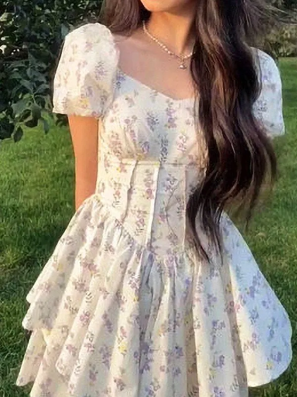 Brownm Floral Print Corset Slim Mini Dress with Puff Sleeves