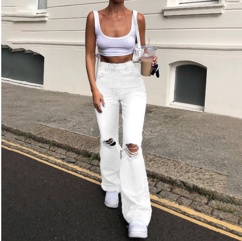 Women's Wide Trousers Ripped Leisure Denim Bell-bottom Pants Women