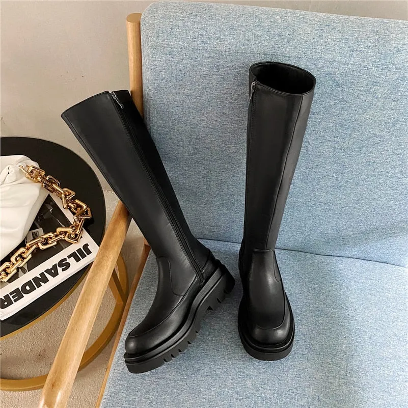 Meotina Women Knee High Riding Boots Platform Flat Shoes Fashion Round Toe Zipper Ladies Long Boots Autumn Winter 33-43 Beige