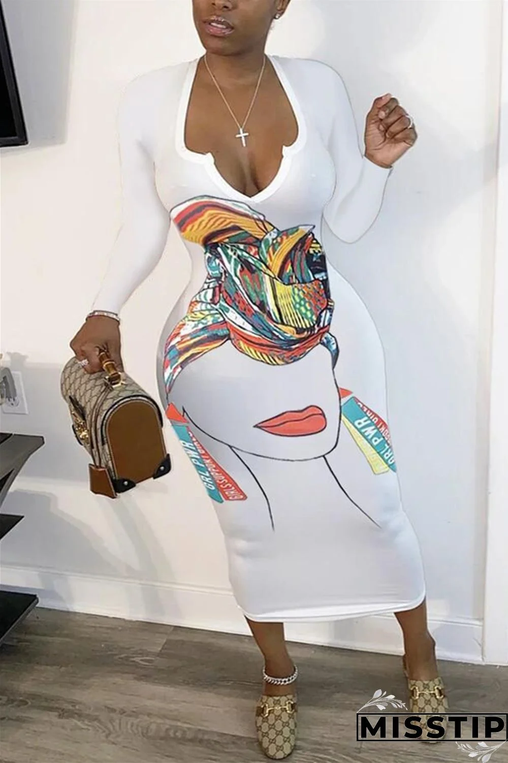 White Sweet Print V Neck Long Sleeve Knee Length Dresses