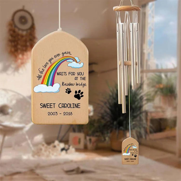 Personalized Dog Paw Print Wind Chimes, All the Love You Ever Gave Waits for You at The Rainbow Bridge Wooden Wind Chimes