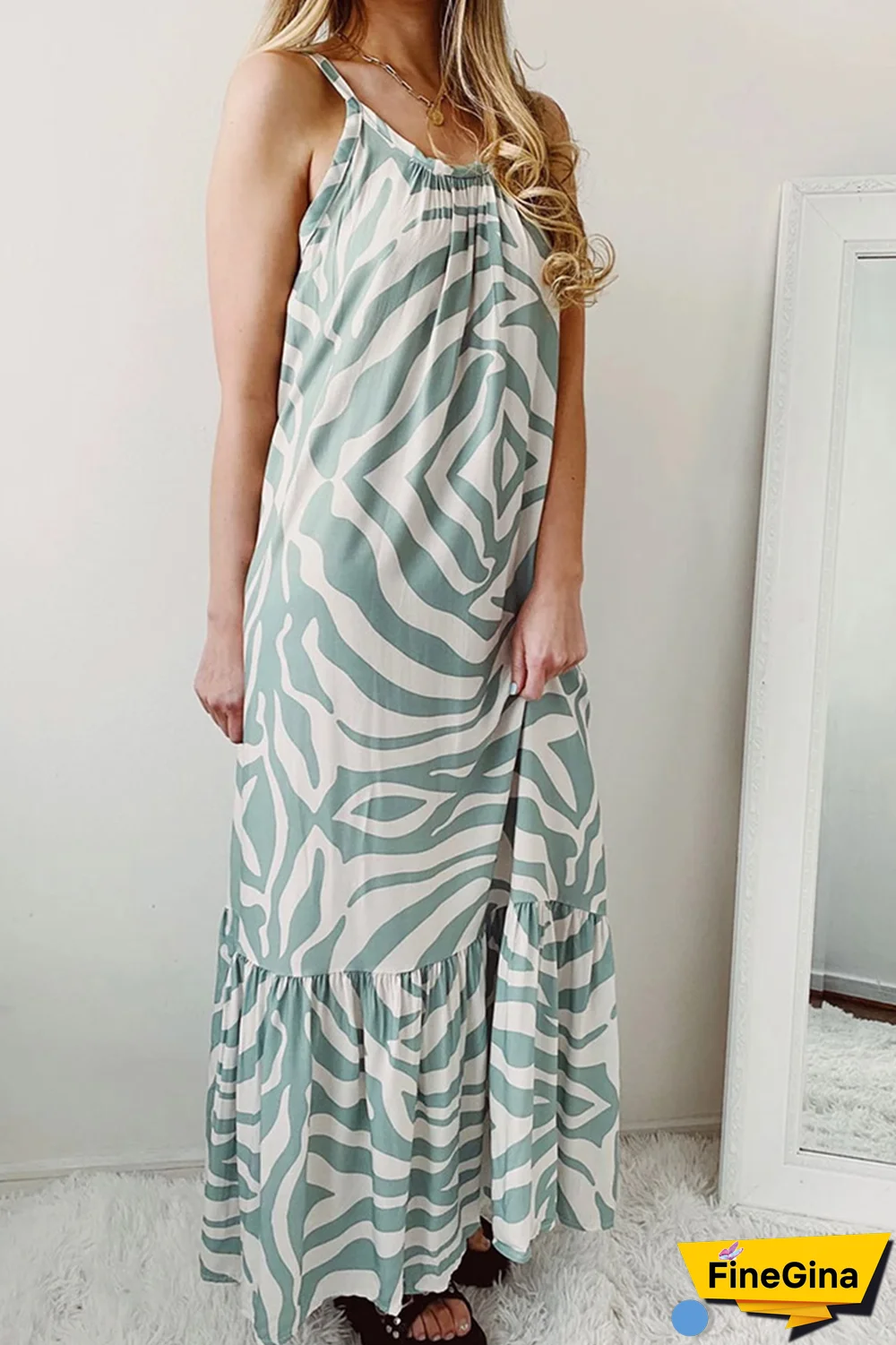 Casual Print Split Joint Spaghetti Strap Straight Dresses(3 Colors)