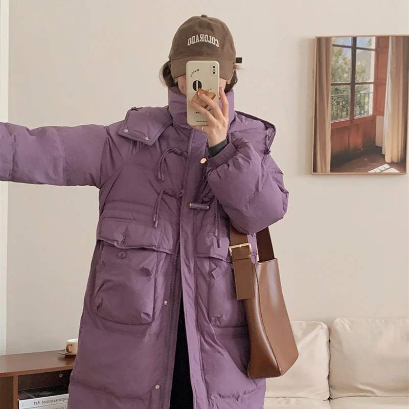 Woherb Korean Sweet Bamboo Buckle Down Jacket Female Long 2024 Winter New Hat Over The Knee Thick Warm Coat-Outfit Ideas