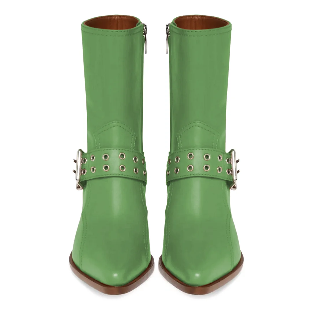 Vegan Leather Pointed Pull-On Ankle Boots with Block Heel for Women