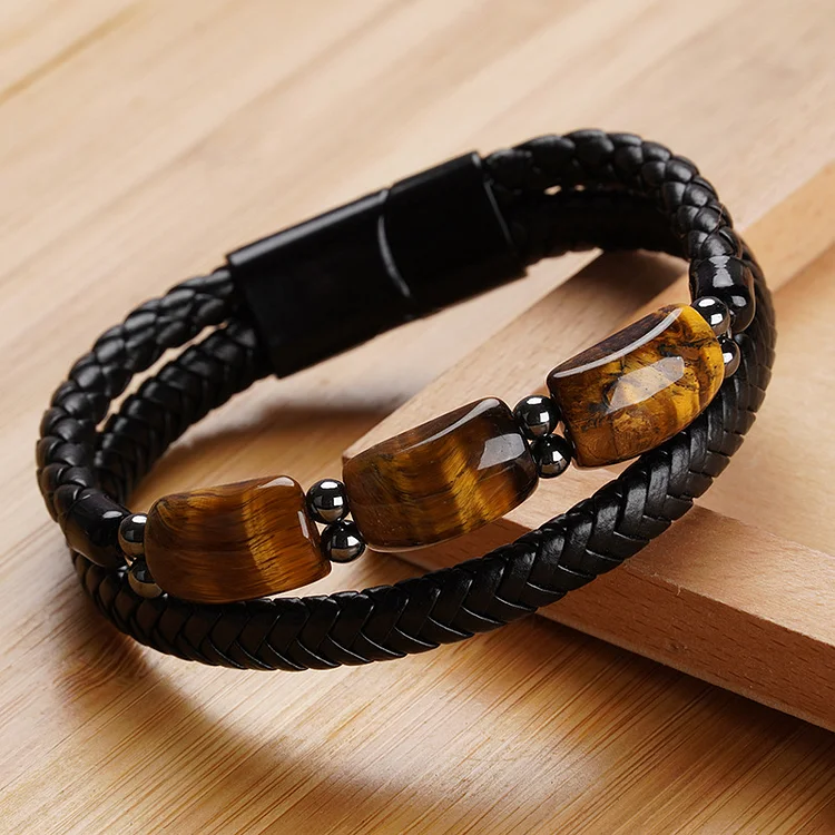 Love You Forever Natural Tiger Eye Stone Leather Bracelet Magnetic Buckle Bracelet