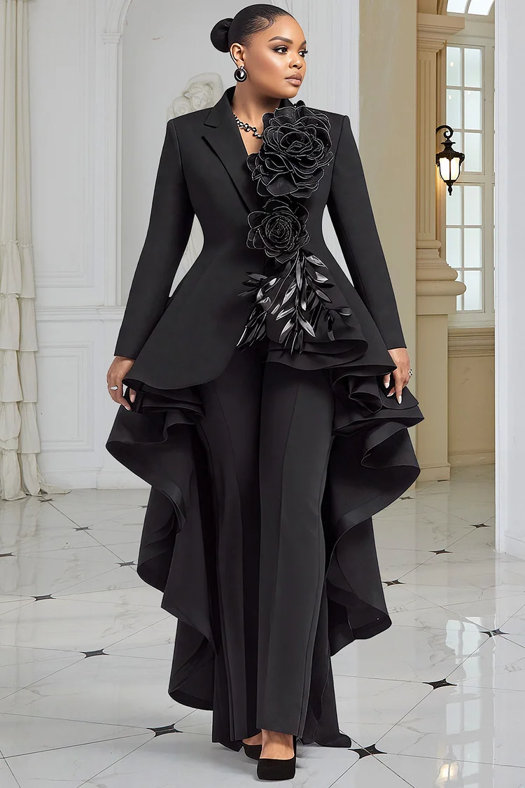 Xpluswear Design Plus Size Wedding Guest Black Lapel Collar Long Sleeve Asymmetric Hem Elegant 3D Two Piece Pant Suits [Pre-Order]