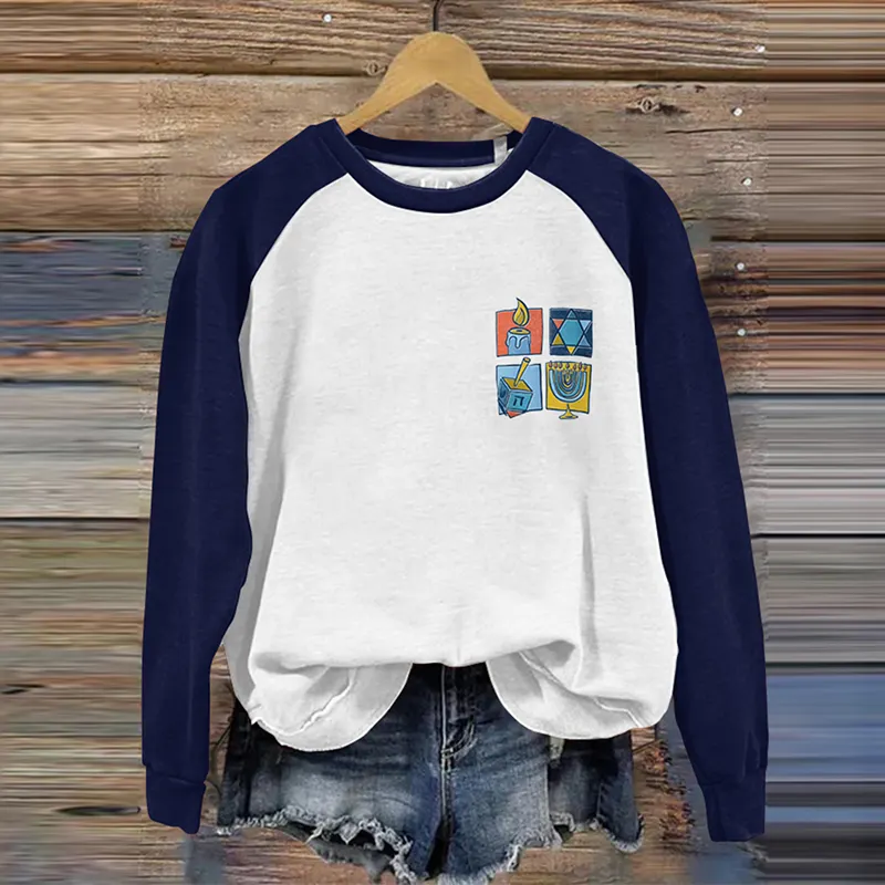 Women's Hanukkah Print Contrast Raglan Sleeve Casual Sweatshirt