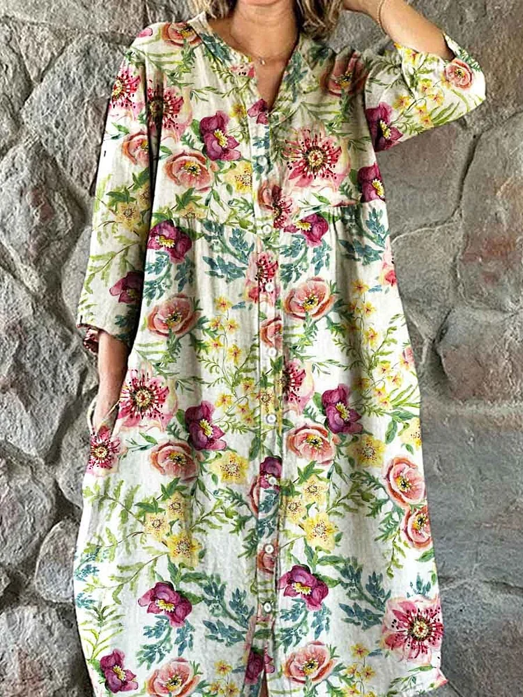 Women's Elegant Poppy Floral Print Shirt Style Cotton and Linen Dress