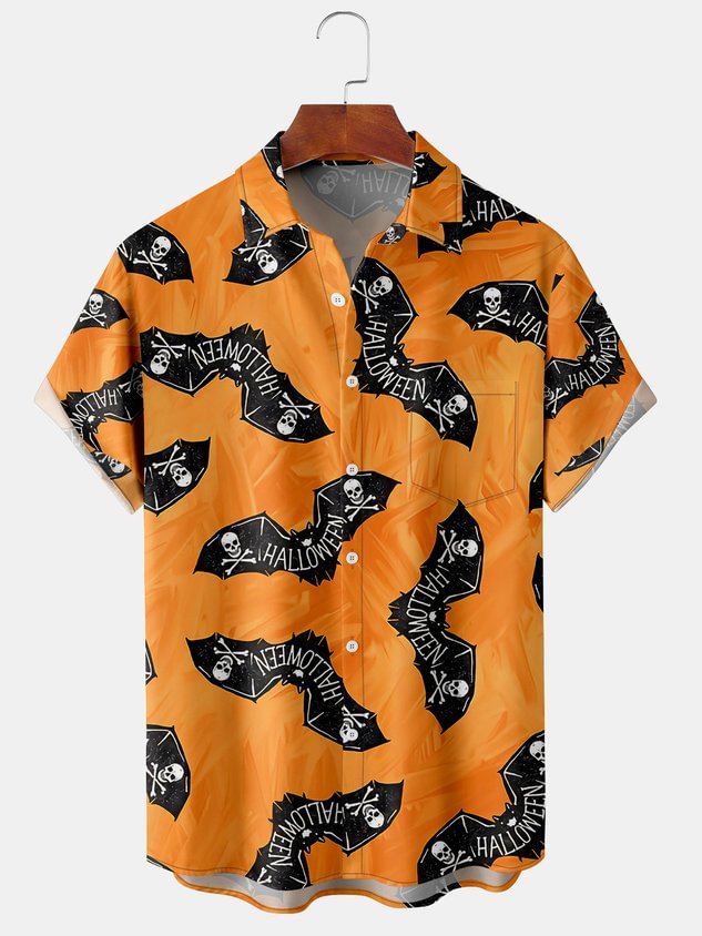 Men's Halloween Bat Print Short Sleeve Hawaiian Shirt with Chest Pocket