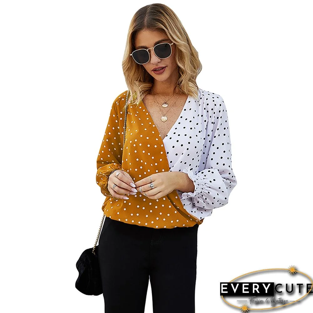 Yellow Polka Dot ColorBlock V Neck Blouse