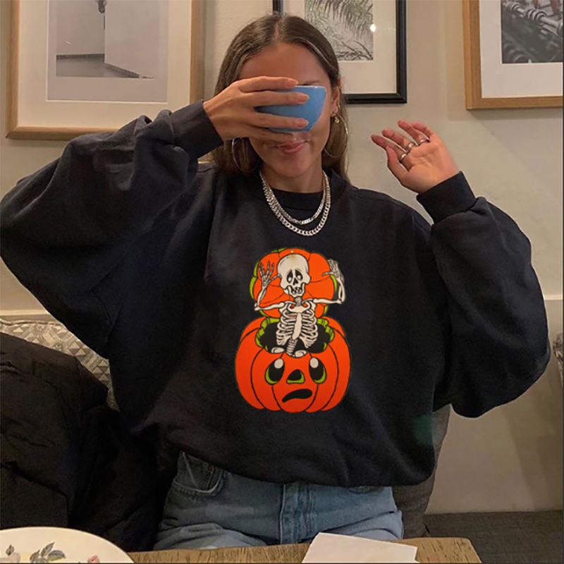 Skeleton print pumpkin designer round neck sweatshirt