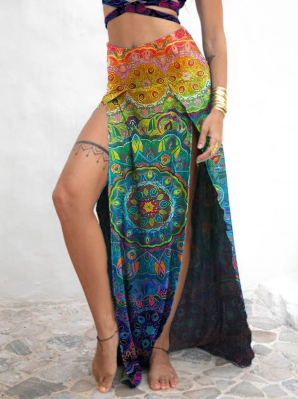 Retro Colorful Gradient Print Slit Long Maxi Skirt