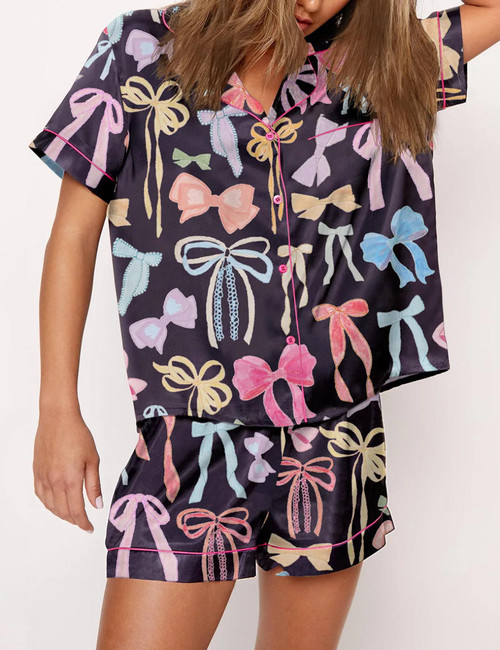Rotimia Trendy Watercolor Bows Short Sleeves Pajama Set