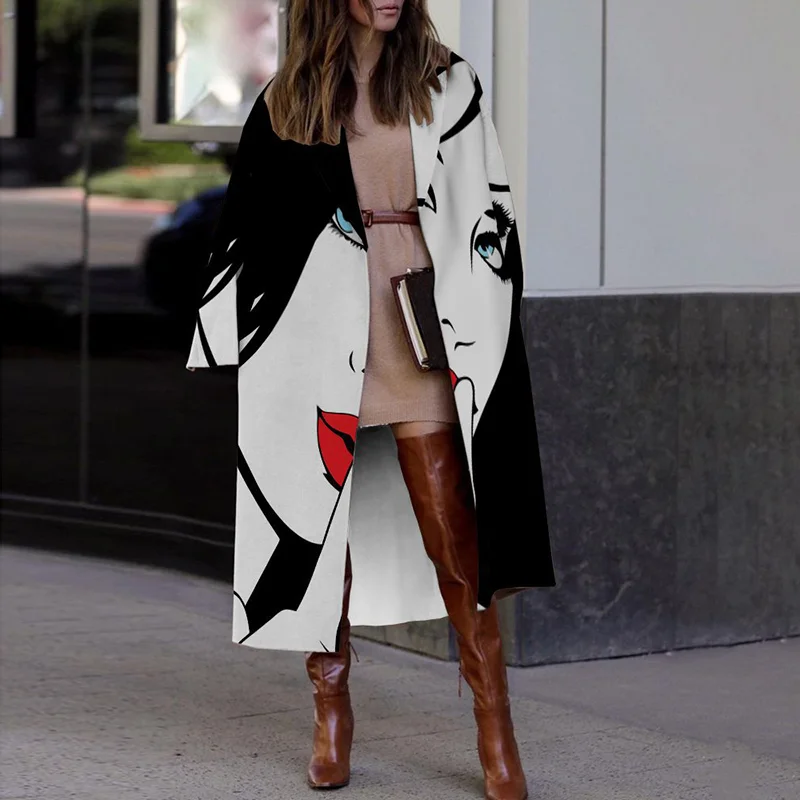 Black And White Contrast Face Print Long Sleeve Coat