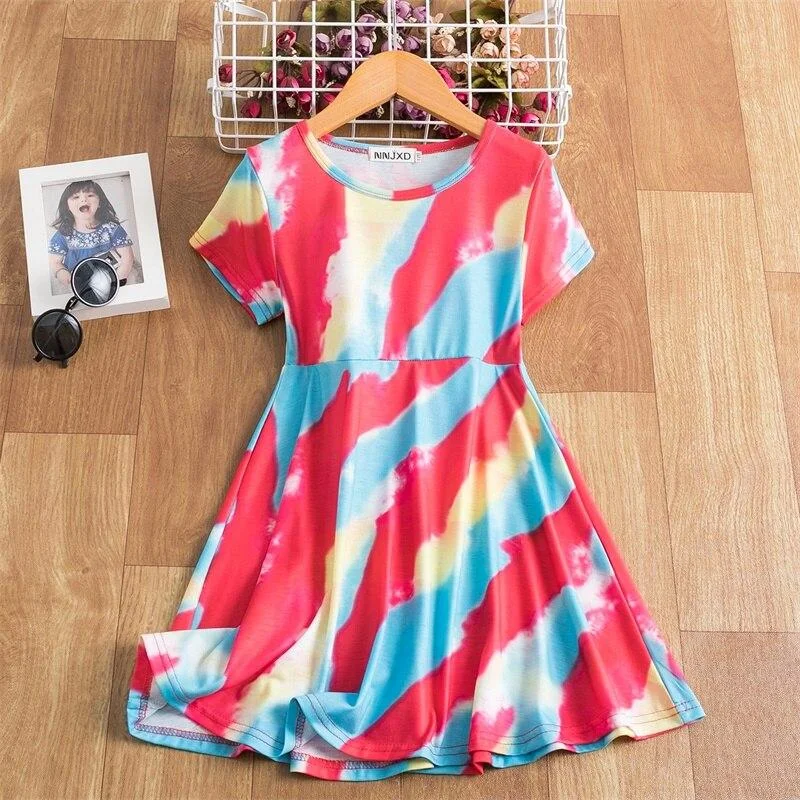 New Bohemia Style Beach Dress For Girls Summer Short Sleeve Tie Dye Printing Carnival Party Costume Casual 3-8T Girls Sundress