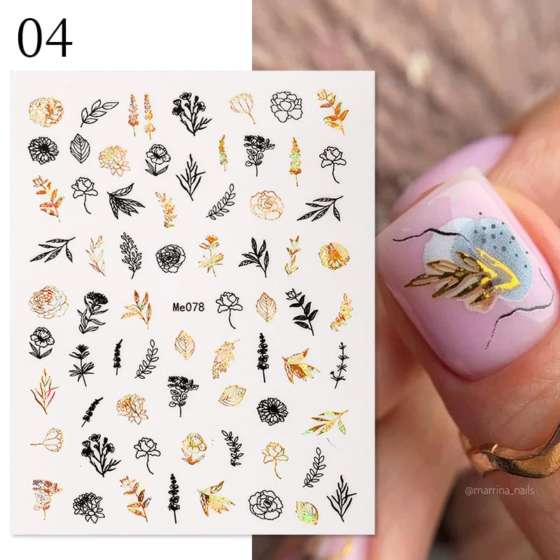 1 Pc White Gold Laser Leaves 3D Nail Stickers Leaf Cute Spring Sliders for Nails Flowers Adhesive Sticker Nail Art Design Decal-Nail Inspo