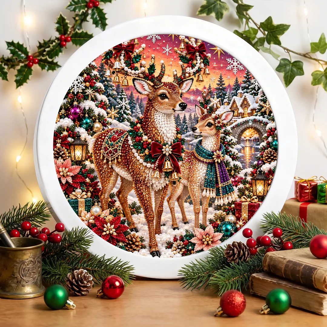 Framed 5D Diamond Painting Kit Holiday Deer Round 7.87x7.87in