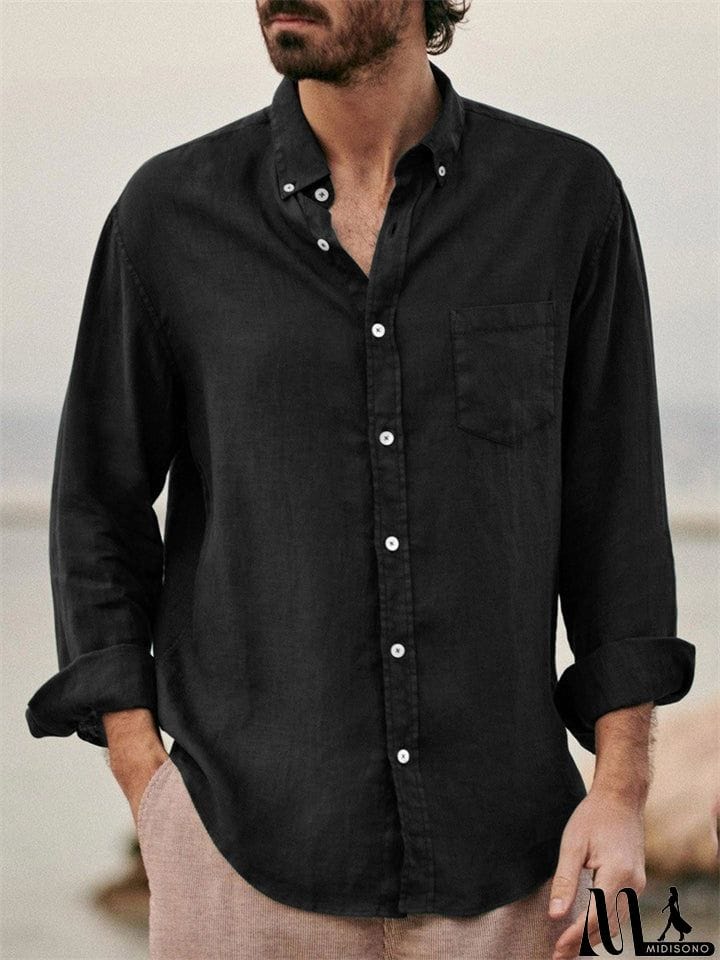 MidiSono - Men's Casual Plain Lapel Button Down Roll Up Sleeve Shirts