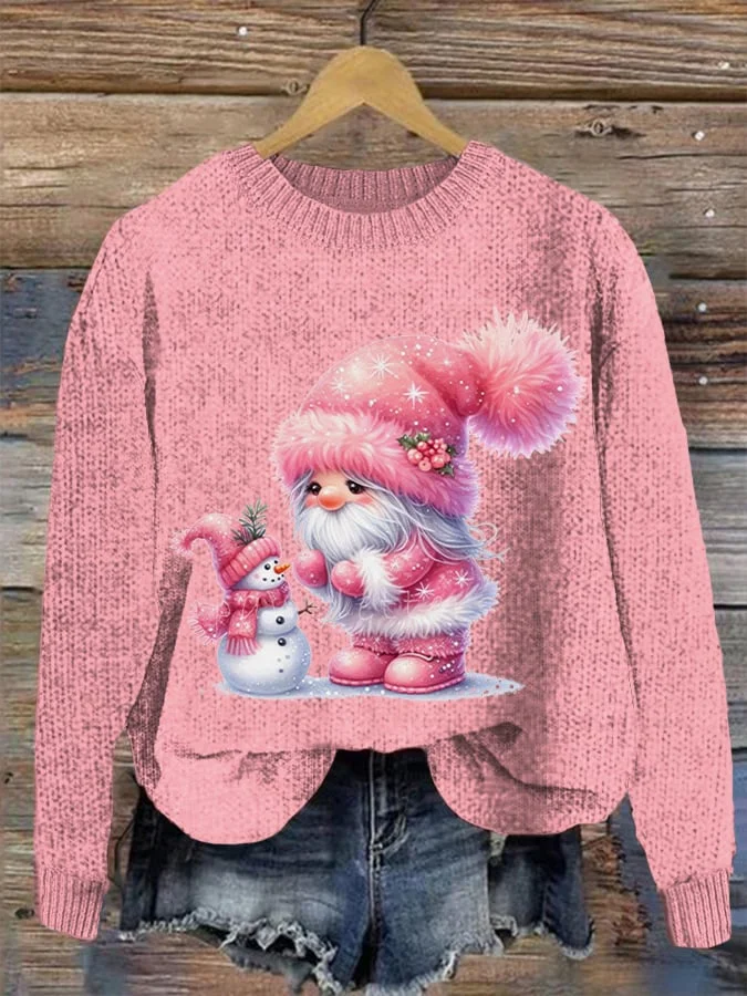 Women's Pink Gnome and Snowman Knitted Casual Sweater