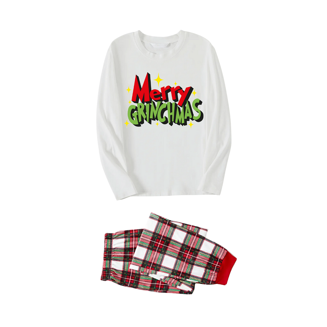 Christmas Merry Grinchmas Letter Printed White Long Sleeve Top with Red & White &Green Plaid Pants Family Matching Pajamas