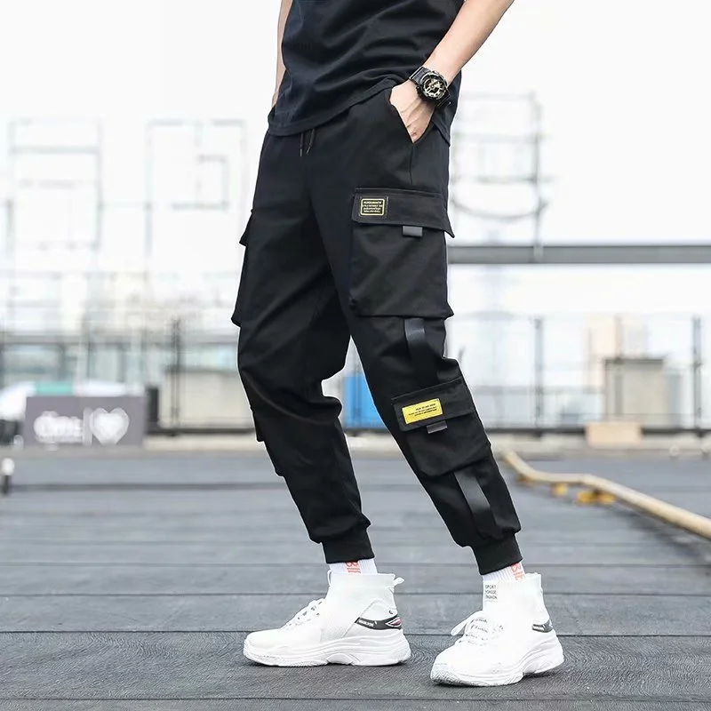 Men's Side Pockets Cargo Harem Pants  Ribbons Black Hip Hop Casual Male Joggers Trousers Fashion Casual Streetwear Pants