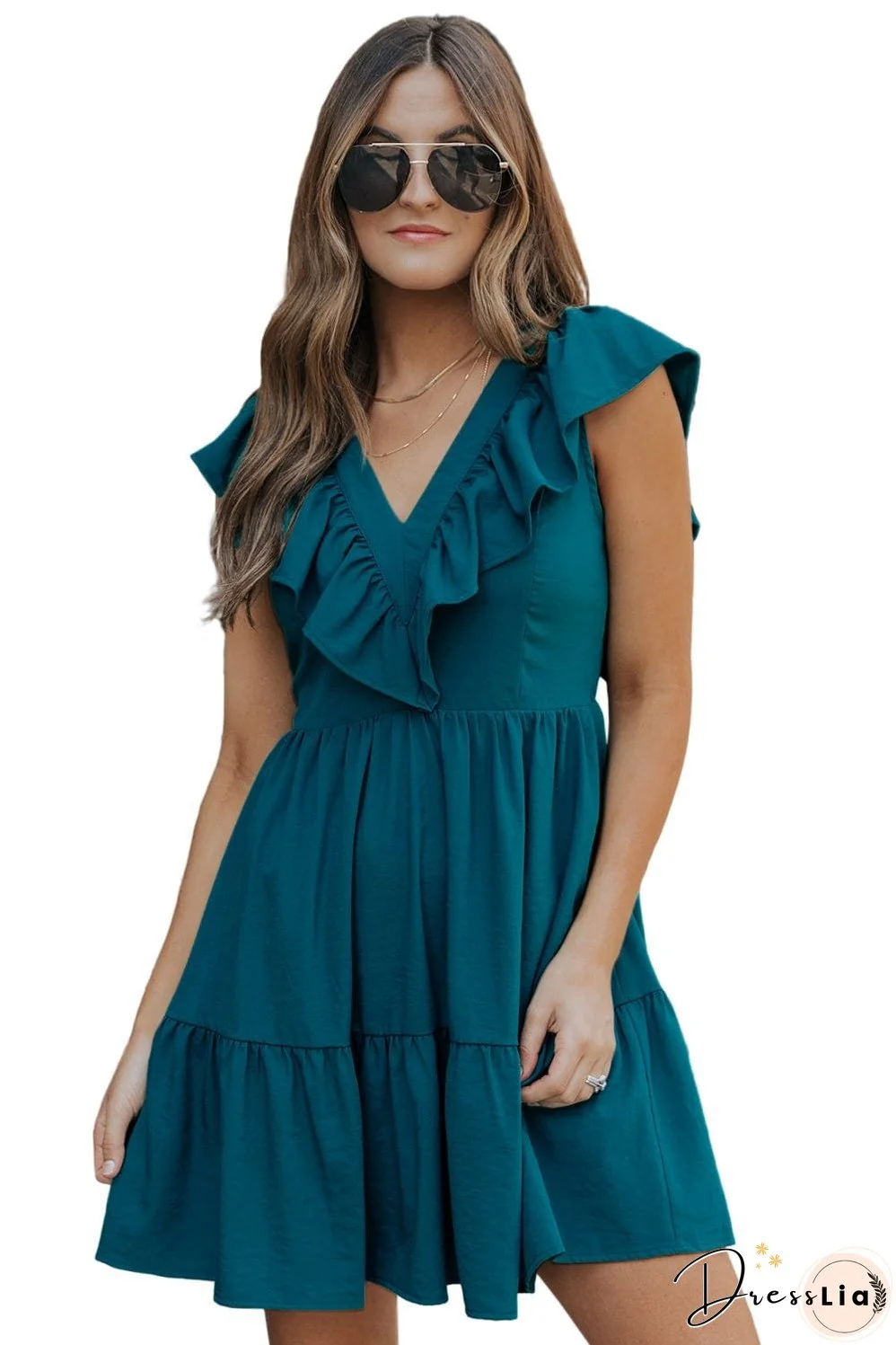Blue V-Neck Tiered Ruffle Mini Dress with Smocked Back