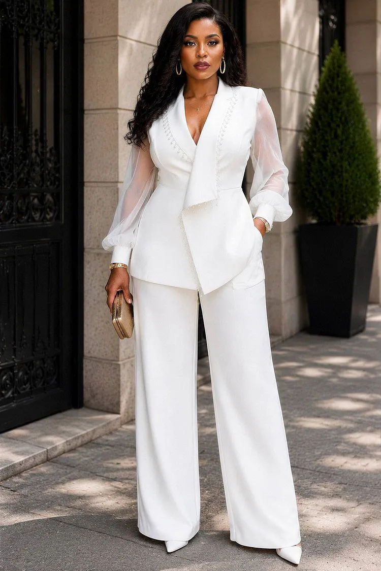 Xpluswear Design Plus Size Business Casual White Turndown Collar Long Sleeve Pocket See Through Two Piece Pant Suits [Pre-Order] 2024 - Xpluswear