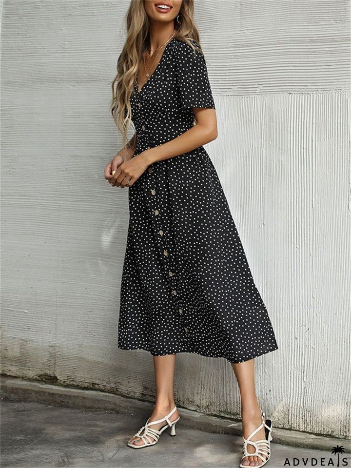 Trendy Style Button Decorated V Neck Polka Dots Printed Dresses