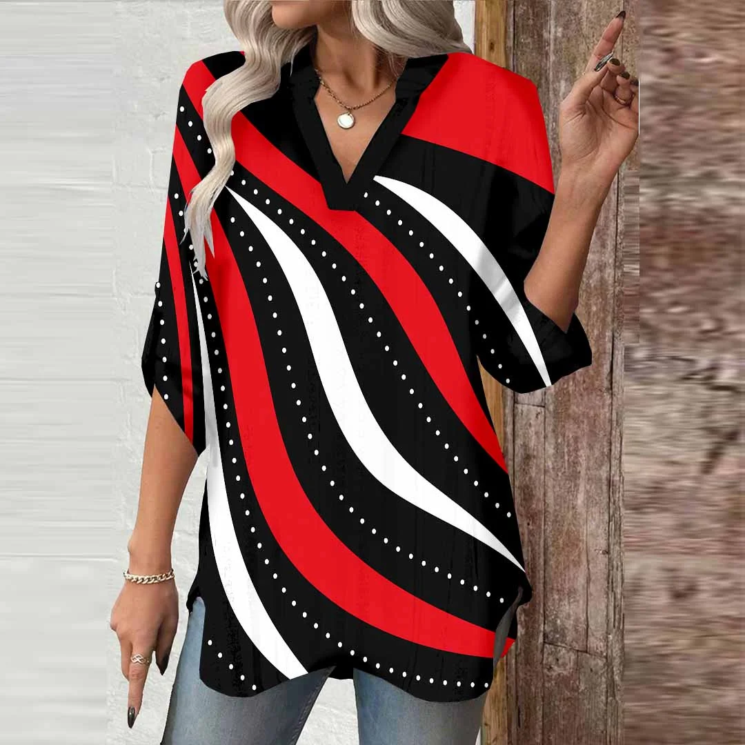 Women Abstract, Red, Black, White DZGA0765 3/4 Sleeve V-neck Printed Graphic Button Tops