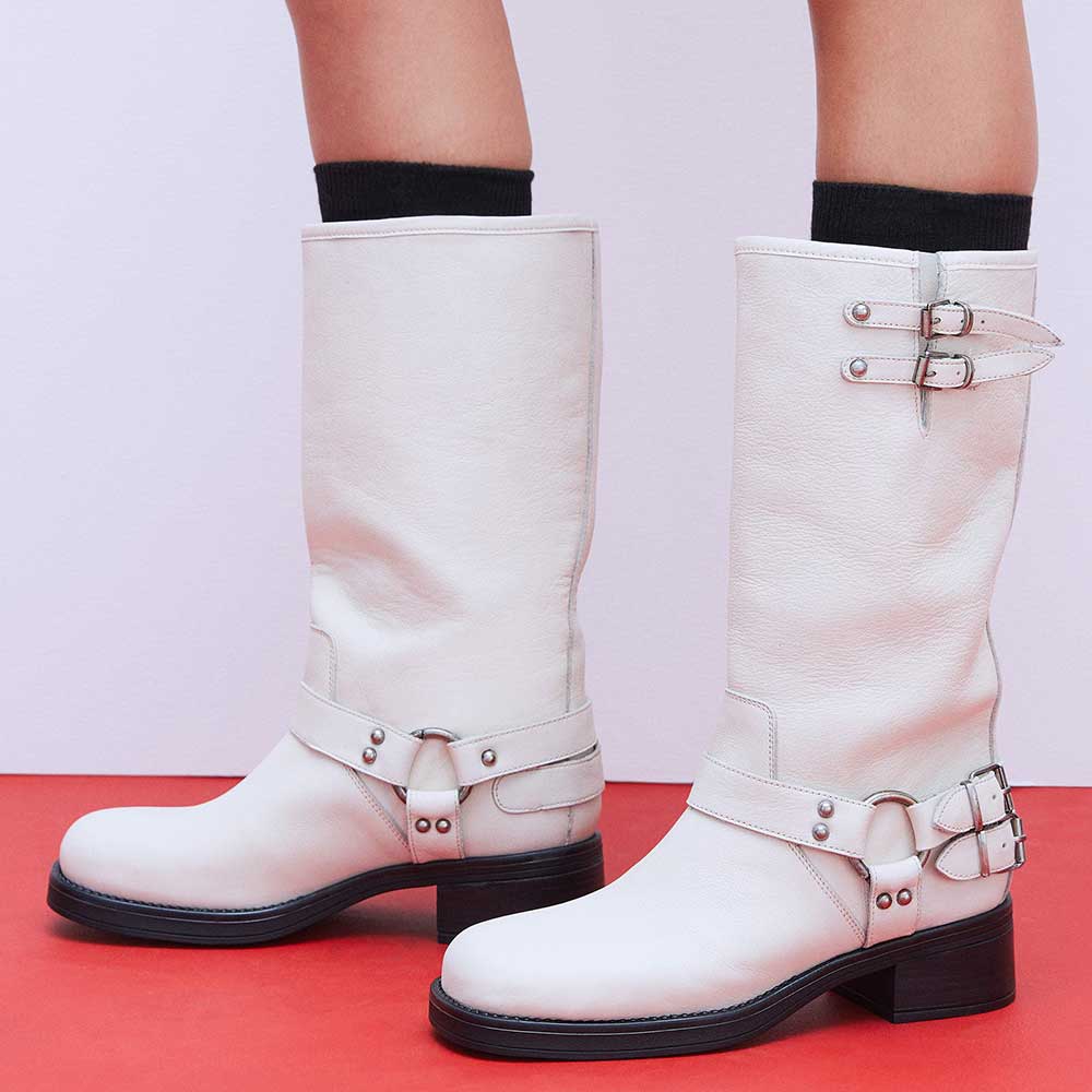 White Vegan Leather Round Toe Buckle Strap Mid-Calf Moto Boots Nicepairs