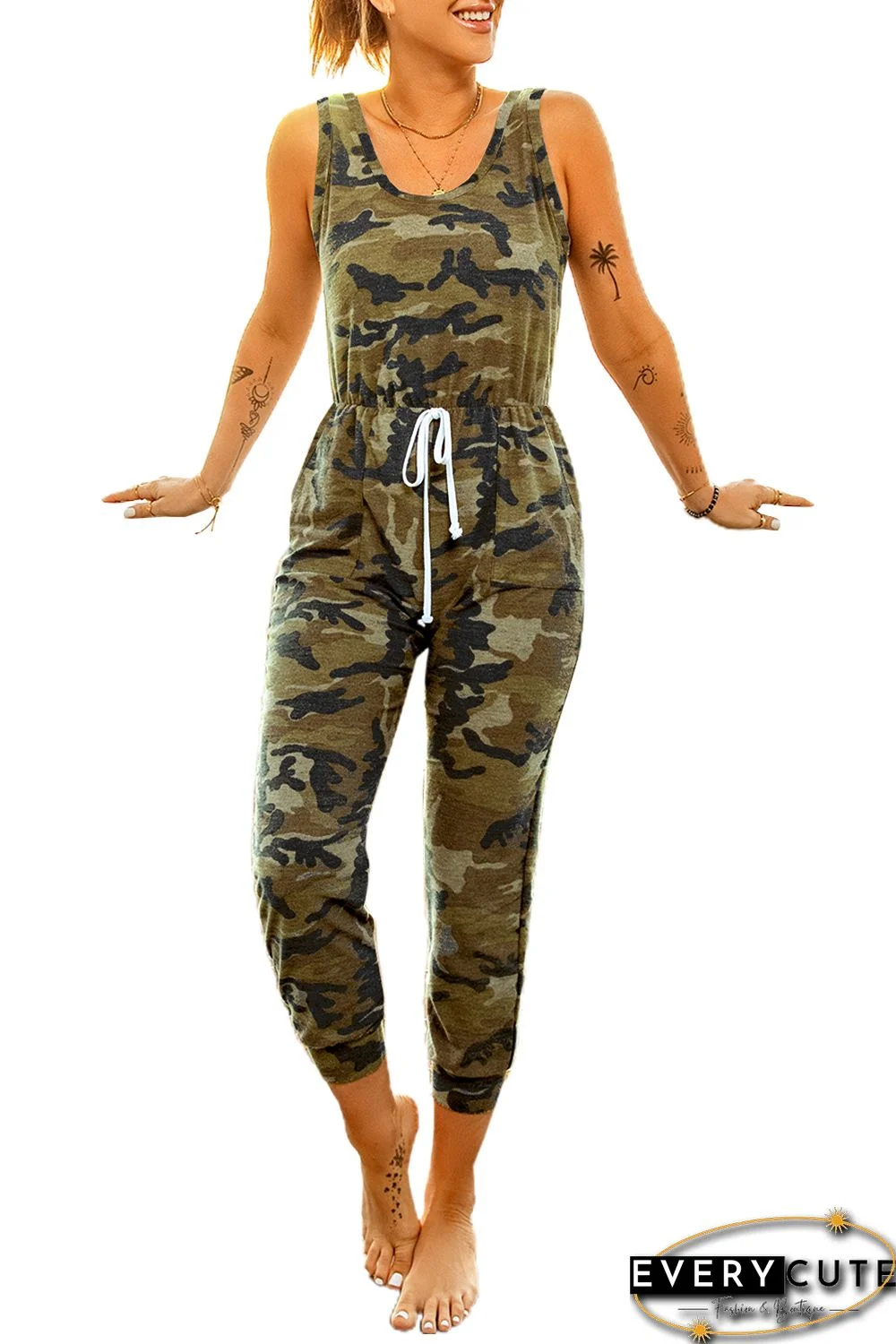 Green Camouflage Print Drawstring High Waist Sleeveless Jumpsuit