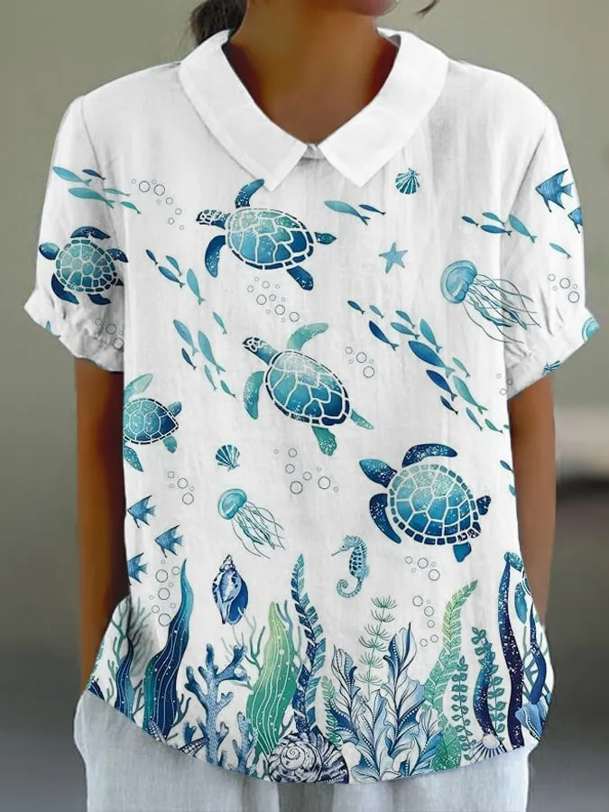 Women'S Elegant Watercolor Turtle Pattern Casual Cotton And Linen Top
