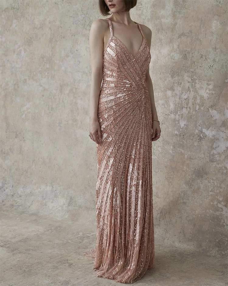 Women's V-neck Pink Sequin Dress