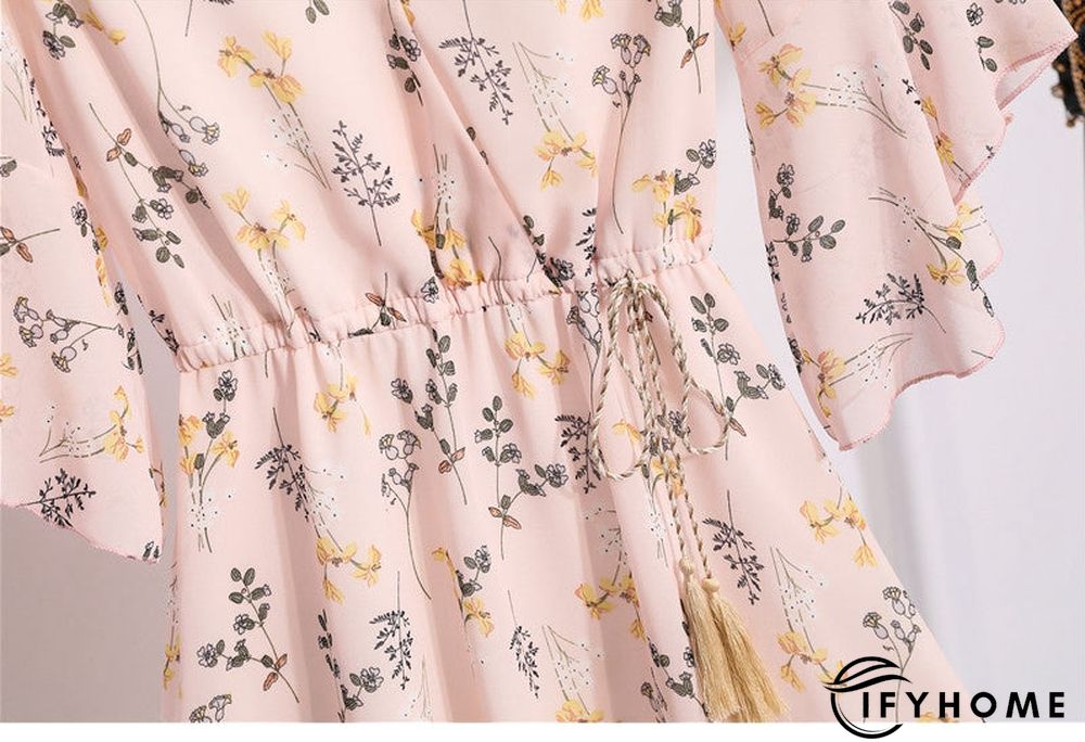 Spring Summer Chiffon Women V-Neck Floral Print Short Dresses Sweet Ruffle Sleeeve Slim Drawstring Ladies Dress | IFYHOME