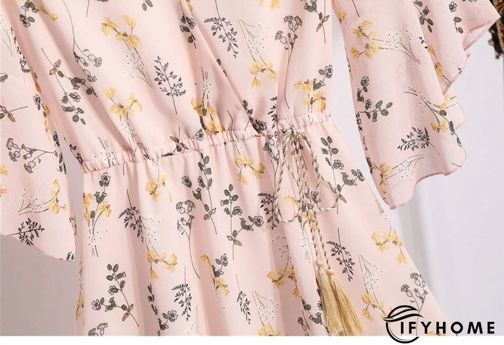 Spring Summer Chiffon Women V-Neck Floral Print Short Dresses Sweet Ruffle Sleeeve Slim Drawstring Ladies Dress | IFYHOME