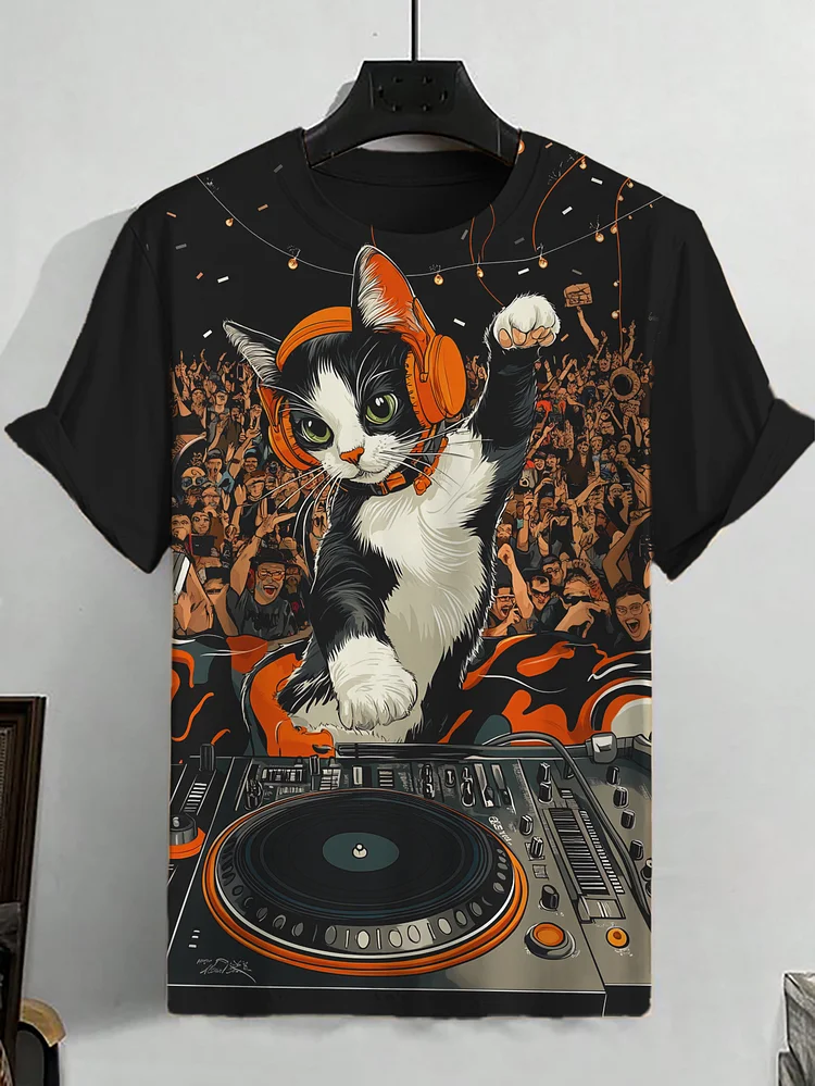 Men's DJ Cow Cat Print Casual T-Shirt