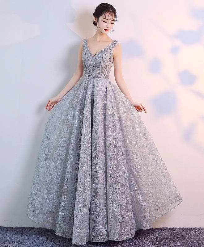 Gray V Neck Tulle Lace Long Prom Dress, Gray Lace Evening Dress