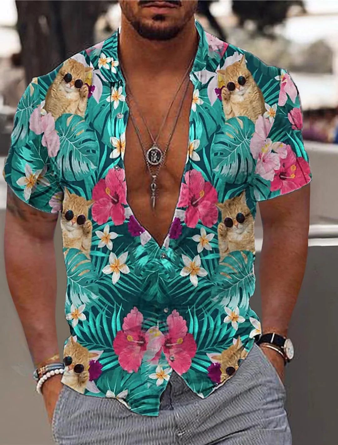 Men's Tropical Style Hawaii Palm Tree Cool Cat Print Casual Shirt